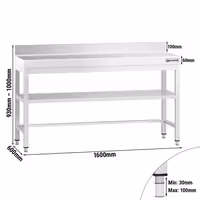 Ανοξείδωτο Τραπέζι Εργασίας PREMIUM - 1600x600mm - με Κάτω Ράφι, Πλάτη & Ενίσχυση Στήριξης