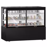 Commercial cake display fridge MADRID Self-Service - 530L - 1500mm - Double glazing - square - with 2 glass shelves - rear sliding doors - incl. night curtain - for patisserie - Black matt