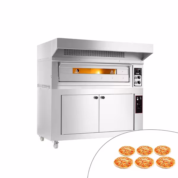 Electric Deck Pizza Oven - Single Deck - Refractory Stone Deck - 6 x Ø33cm (13") - 230V 3 Phase - Mechanical Controls - up to 400°C - incl. Stainless steel hood & Proofing cabinet