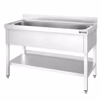 Grovdiskbänk i rostfritt stål PREMIUM - 1400x600 mm - med underhylla - 1 ho mitten - extra djup ho - med stänkskydd
