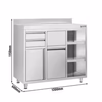 Mesa de trabalho mural - PREMIUM - para máquina de café - 1200x600mm - com 2 gavetas, porta de batente, caixote de lixo & espelho sanitário