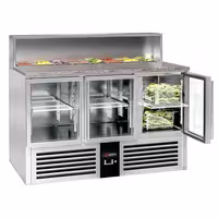 Pult za pripremu salate PREMIUM - 1368 mm - 3 staklena vrata - s ugradnim ležištem za 7x GN 1/6 i poklopac od nehrđajućeg čelika - crna fronta