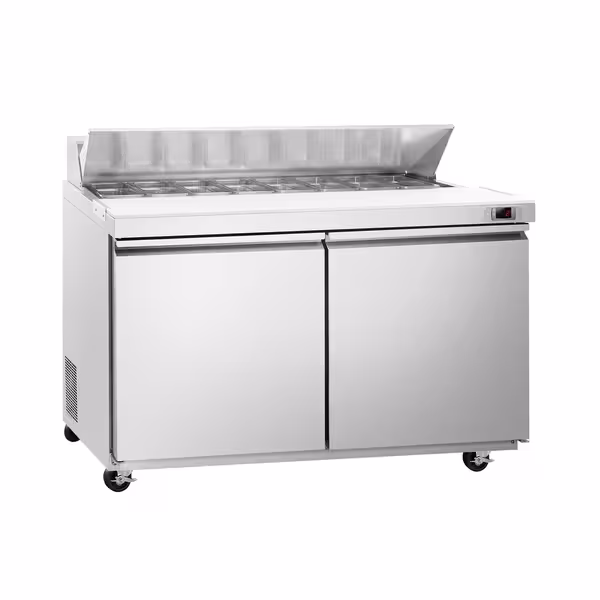 Pult za pripremu salate American Style PREMIUM - 1555 mm - 1670 l - 2 vrata - s ugradnim ležištem za GN 1/1 i poklopac od nehrđajućeg čelika - uklj. 16x GN spremnik 1/6