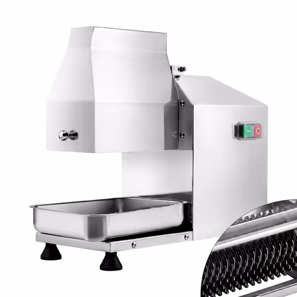 Električni Stroj za omekšavanje mesa - materijal: nehrđajući čelik - max. širina reza: 180 mm - snaga: 350 W - dimenzije: 205 x 465 x 435 mm - napon/faza: 230 V monofazna