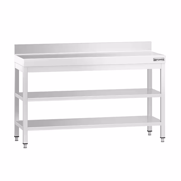 طاولة عمل ستانلس ستيل PREMIUM - 1400x800mm - مع رف سفلي & حاجز خلفي & رف وسطي & تدعيم