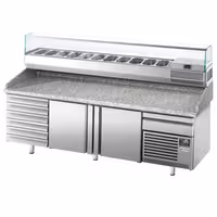 Table réfrigérée à pizza Premium PLUS - 2305x800 mm - avec 2 portes & 7 tiroirs - incl. vitrine réfrigérée pour ingrédients - 11 bacs GN 1/4