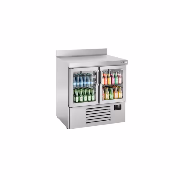 Stół chłodniczy barowy do napojów Premium PLUS – 978 x 700 mm – z 2 drzwiami szklanymi – z rantem