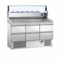 Commercial Pizza Prep Counter - Granite Top ECO - 1400x700mm - with 0 doors & 6 drawers 1/2 - incl. refrigerated topping unit with glass sneeze guard LED - 6x GN 1/4