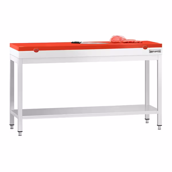 Arbetsbänk i rostfritt stål PREMIUM - 1600x600 mm - med underhylla - inkl. skärbräda röd