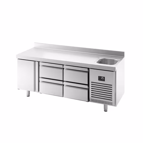 Mostrador refrigerado PREMIUM PLUS - 1960x700mm - de trabajo con fregadero - bloque de cajones 4x1/2 - 1 puerta - con alzatina