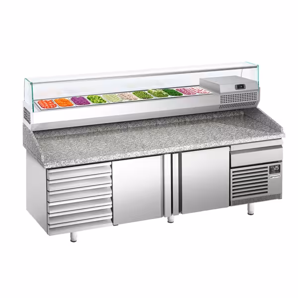 Pitsa külmtöölaud PREMIUM PLUS - 2305x800 mm - graniidist tööpinnaga - koos 2 uksega ja 7 sahtliga - koos külmvitriiniga - 11x GN 1/4