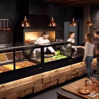 Saladette refrigerata professionale TORONTO - 1250mm - rivestimento frontale in legno - 2 porte - con vetrina in vetro dritto per 3x GN 1/1, 1 ripiano - piano di lavoro in granito nero