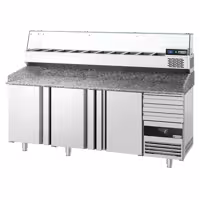Stół chłodniczy do pizzy PREMIUM - 2150x800mm - z blatem granitowym - 3‑drzwiowy, 3 szuflady - z nadstawką chłodniczą z osłoną szklaną - 10x GN 1/3
