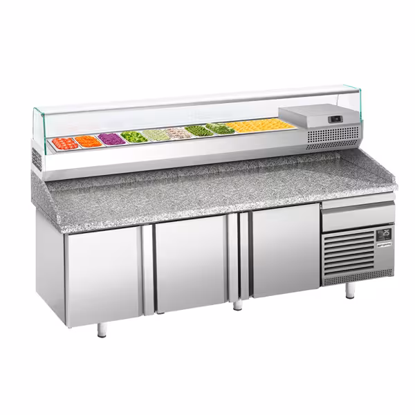 Stół chłodniczy do pizzy Premium PLUS – 2305 x 800 mm – z 3 drzwiami i 1 szufladą – wraz z witryną chłodniczą – 10 pojemników GN 1/3