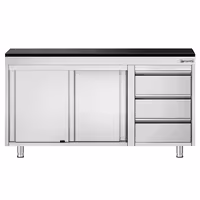 Rozsdamentes acél munkaszekrény PREMIUM – 1400x700 mm – 3 fiókkal a jobb oldalon – gránit munkalapmal