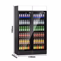 (2 pcs) Commercial Beverage Display Fridge with Illuminated Canopy - 1190mm - 345 Litres - with 2 hinged glass doors - LED lighting - digital controller with temperature display - Black - Temperature range 2 to 10 °C