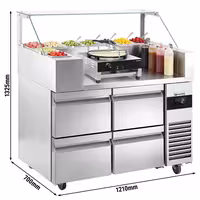 Mesa de preparação refrigerada - 1210x700mm - com 4 gavetas - para 9x GN 1/6 - incl. Expositor de vidro com prateleira & Máquina de Crêpes & Teigverteiler & Espátula de madeira