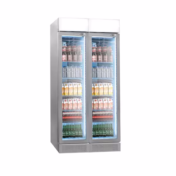(2 buc) Vitrină frigorifică pentru băuturi - 870 mm - 190 litri - ușă panoramică fără ramă - 2 uși din sticlă batante & panou promoțional - afișaj digital - temperatură +1/+10 °C