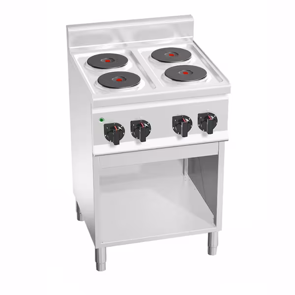 Mașină de gătit / aragaz profesional electric – LORENZO – seria 600 - 600x600x(H)1.020 mm - 8,0 kW - 4 plite rotunde - suport deschis
