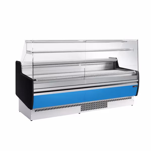 Serve Over Counter - 1935mm - front and sides glass, rear open - capacity 213 litres - front panel light blue