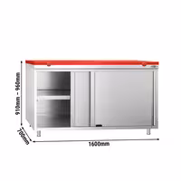 Arbetskåp i rostfritt stål PREMIUM - 1600x700 mm - 2 skjutdörrar - inkl. skärbräda röd