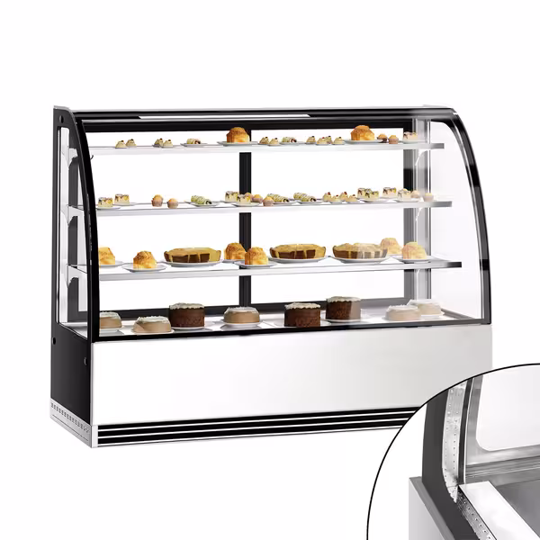 Süteményes vitrin - 633 l - 1800 mm - dupla üvegezés - hajlított frontüveg - 3 üvegpolccal - LED világítással