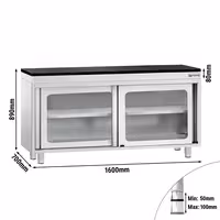 Rozsdamentes acél munkaszekrény PREMIUM – 1600x700 mm – tolóüvegajtóval – gránit munkalapmal