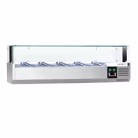 Aukstuma galda vitrīna PREMIUM ar LED apgaismojumu - 1200x335 mm - 5 x GN 1/4 - ar aizsargstiklu