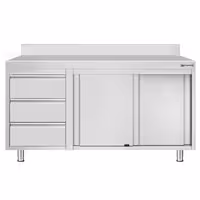 خزانة قاعدية ستانلس ستيل KOPENHAGEN ECO - 1400x700mm - وحدة أدراج 3 يسار، و2 أبواب منزلقة - مع حاجز خلفي