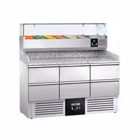 Table réfrigérée à pizza PREMIUM - 1400 x 700 mm - avec 6 tiroirs 1/2 - incl. vitrine réfrigérée avec 6 x GN 1/4
