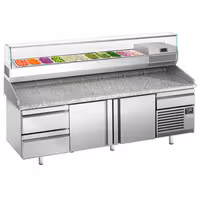 Table réfrigérée à pizza Premium PLUS - 2305x800 mm - avec 2 portes & 3 tiroirs - incl. vitrine réfrigérée pour ingrédients - 11x GN 1/4