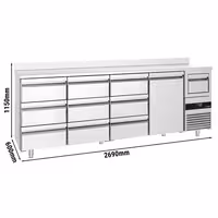 Hladilna miza za bar in pijače PREMIUM – 2690 x 600 mm – z 1 vrati, 9 predali, robom in posodico za kavo