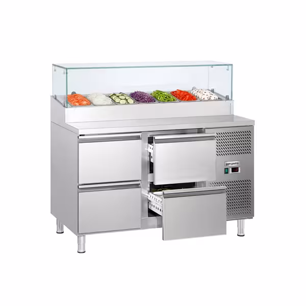 Tabella ta' preparazzjoni ECO – 1360 mm – 4 kaxxi – b'wiċċ ta' fuq tal-ħġieġ – għal 7 x GN 1/3