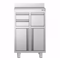 Radni ormarić – za aparat za kavu – 600 x 600 mm – s 2 ladice, 2 vrata, 1 ladicom za kante za otpatke i odbojnim rubom
