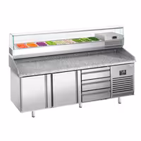 Table réfrigérée à pizza Premium PLUS - 1980x700 mm - avec 2 portes - incl. vitrine réfrigérée - 9x GN 1/4