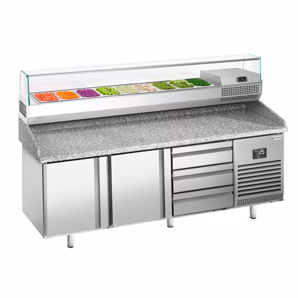 Profesionāls Picas galds PREMIUM PLUS - 1980x700 mm - ar 2 durvīm un 3 atvilktnēm - ar granīta darba virsmu - ar augšējo aukstuma vitrīnu - 9x GN 1/4