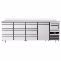 Hladilna miza za bar in pijače PREMIUM – 2690 x 600 mm – z 1 vrati, 9 predali, robom in posodico za kavo