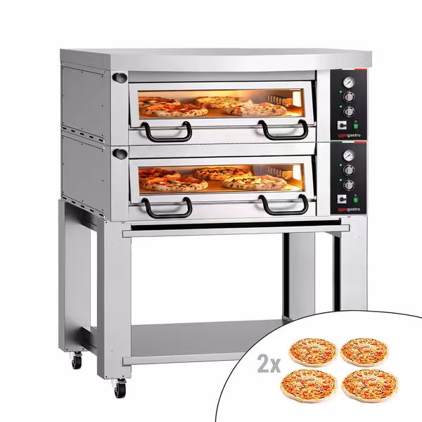 Electric Deck Pizza Oven Power  - Twin Deck - Refractory Stone Deck - 4+4 x Ø 34cm (13.4") - 230V 3 Phase - Mechanical Controls - up to 450°C - incl. Hood & Base frame