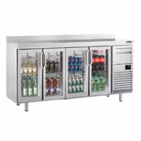 Stół chłodniczy barowy do napojów Premium PLUS – 2450 x 600 mm – z 4 drzwiami szklanymi, rantem i odbijakiem do kawy