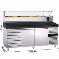 Pizzapult PREMIUM - 2025x800 mm - 2 ajtó + 7 fiók - feltéthűtővel üvegtetővel - 10x GN 1/4 - gránit munkalappal