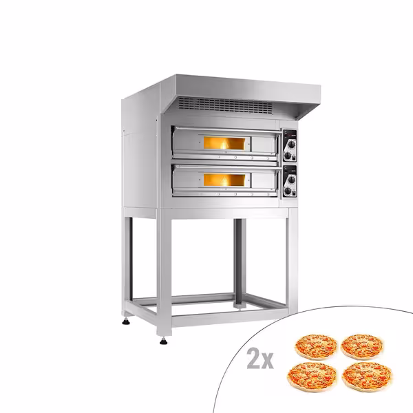 Electric Deck Pizza Oven - Twin Deck - Firebrick Base - 4+4 - Ø 33cm (13") - 230V 3 Phase - Mechanical Controls - up to 400°C - incl. Hood & Base frame