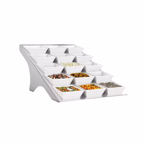 Açık Büfe Teşhir Standı - Paslanmaz Çelik & Melamin - köşeli - 330x515x195mm - dahil 15 Melamin Kase 90x90mm - 15 raf ile - 90x90mm kaseler ile uyumlu
