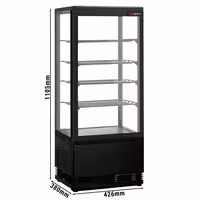 Countertop 4-Sided Glass Display Fridge - 98L - 428mm - Double glazing - square - with 4 shelves - 1 glass door - Black