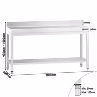 طاولة عمل ستانلس ستيل PREMIUM - 1800x600mm - مع رف سفلي & حاجز خلفي