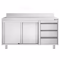 خزانة قاعدية ستانلس ستيل KOPENHAGEN PREMIUM - 1400x700mm - أبواب منزلقة، ووحدة أدراج 3 يمين - مع حاجز خلفي