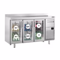 Stół chłodniczy barowy do napojów Premium PLUS – 1960 x 600 mm – z 3 drzwiami szklanymi, rantem i odbijakiem do kawy