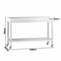 Rozsdamentes acél munkaasztal PREMIUM - 1200x700mm - talppal és görgőkkel