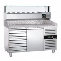 Stół chłodniczy do pizzy ECO – 1500 x 800 mm – z 1 drzwiami i 7 szufladami – z witryną nadstawną chłodniczą LED na 7x GN 1/4