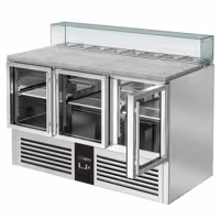 Stół chłodniczy sałatkowy PREMIUM – 1368 mm – z 3 drzwiami szklanymi – z nadstawką szklaną na 8x GN 1/6