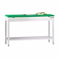 Nerūsējošā tērauda darba galds PREMIUM - 1400x700 mm - ar apakšējo plauktu - iekļauts griešanas dēlis zaļš
